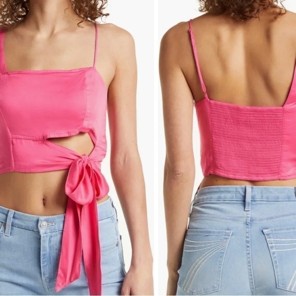 Free People Mila Tie-Front Crop Top Hot Pink Sleeveless Summer Tank - Picture 1 of 9
